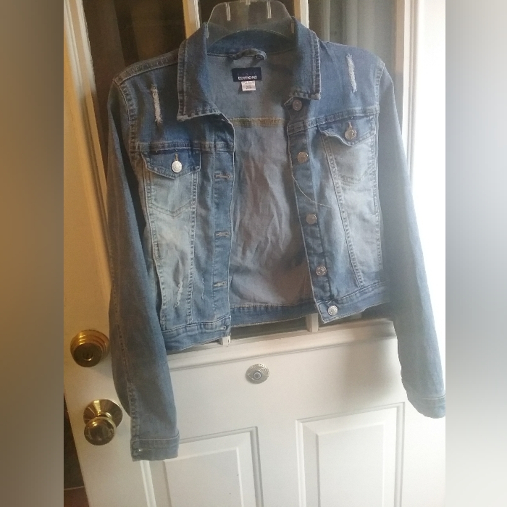 Basic Editions Light Blue Denim Jacket with Distressed Details - (Kids) 14/16